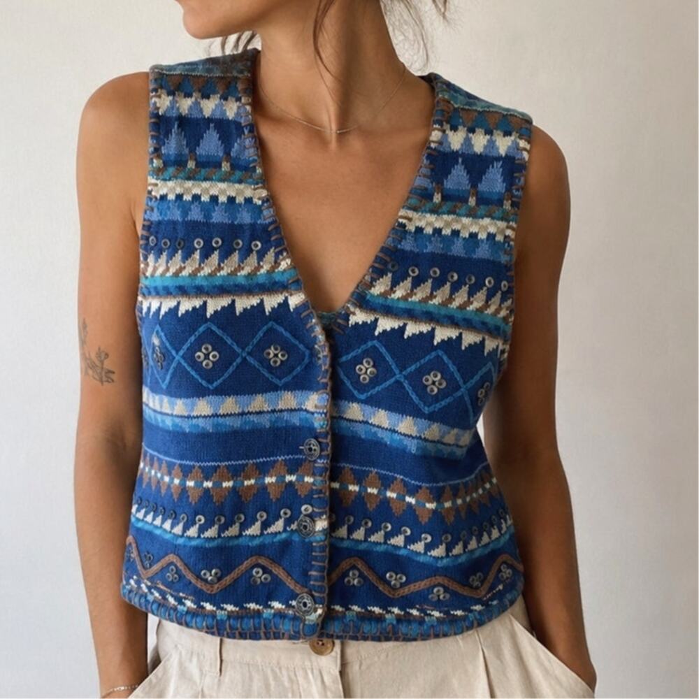 Vintage 90s/00s Sigrid Olsen Orvis Fair Isle Ramie Cotton Sweater Vest Blue-sz S